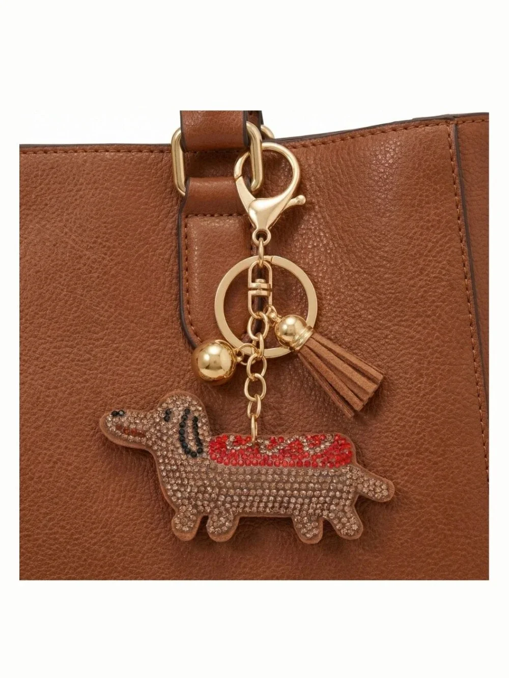 Crystal Dachshund Dog Purse Charm/Tassel Keyring - Brown & Red
